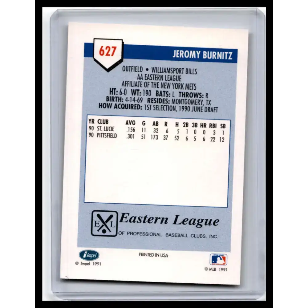 1991 Line Drive AA #627 Jeromy Burnitz NM-MT Baseball Card - Baseball Card Single