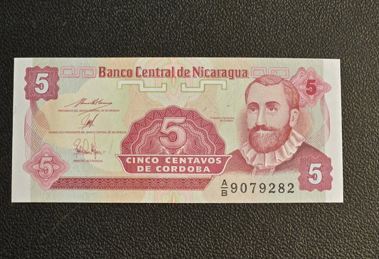 1991 Nicaragua 5 Centavos de Cordoba Banknote - UNC - Pick 168a - Hernandez - Coins & Currency