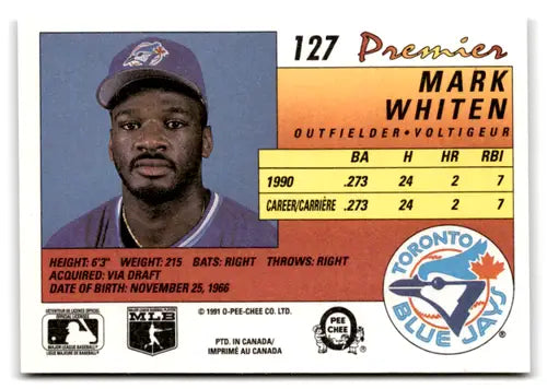 Original gloss Mark Whiten Blue Jays baseball card from 1991 O-Pee-Chee Premeir