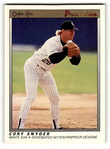 Baseball card featuring Cory Snyder Chicago White Sox player from 1991 O-Pee-Chee Premier