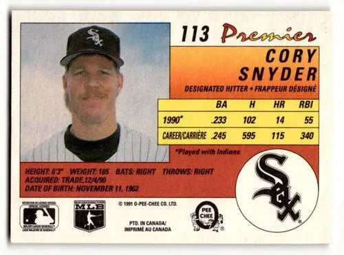 Cory Snyder Chicago White Sox baseball card from 1991 O-Pee-Chee Premier set