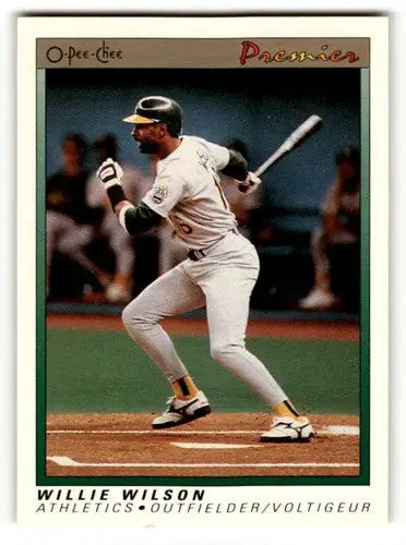 Original gloss Willie Wilson Oakland baseball card from 1991 O-Pee-Chee Premier #129