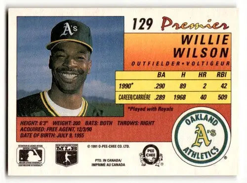 Original gloss Willie Wilson Oakland baseball card from 1991 O-Pee-Chee Premier series