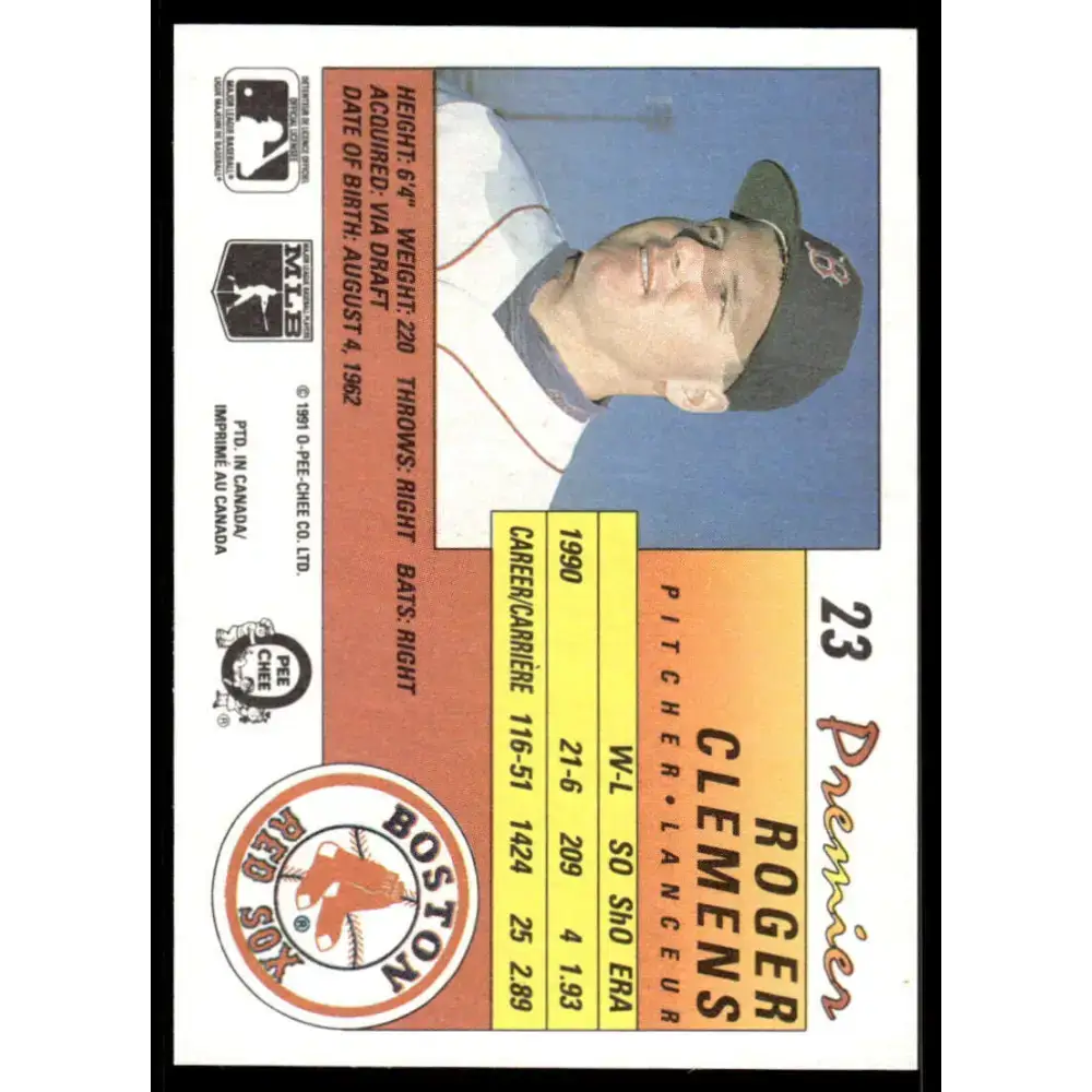 1991 O-Pee-Chee Premier #23 Roger Clemens EX/NM Boston Red Sox Baseball Card - Baseball Card Single