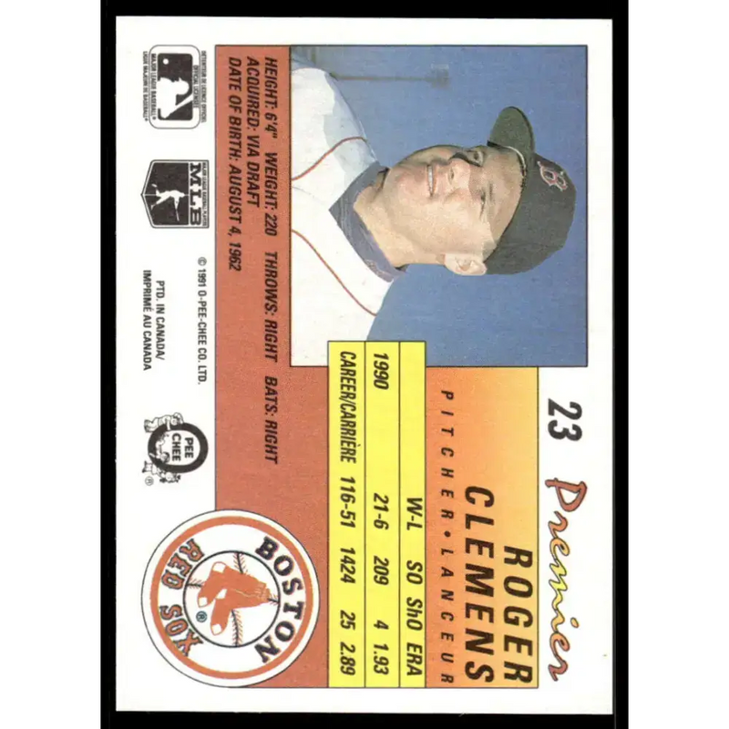 1991 O-Pee-Chee Premier #23 Roger Clemens EX/NM Boston Red Sox Baseball Card - Baseball Card Single