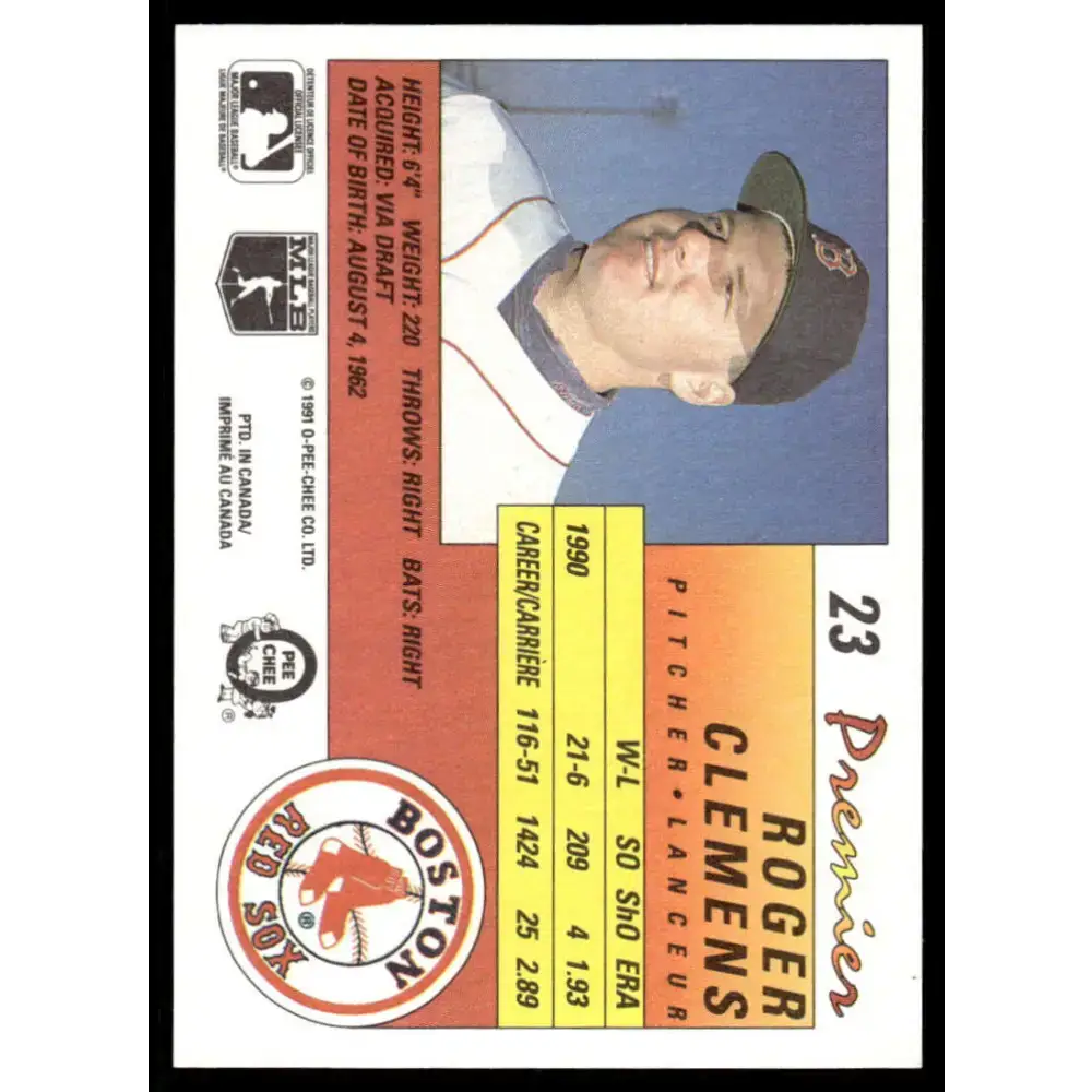1991 O-Pee-Chee Premier #23 Roger Clemens EX/NM Boston Red Sox Baseball Card - Baseball Card Single