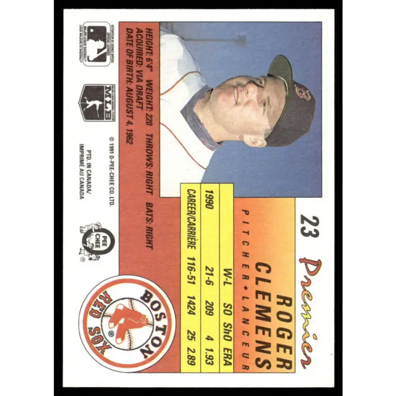 1991 O-Pee-Chee Premier #23 Roger Clemens EX/NM Boston Red Sox Baseball Card - Baseball Card Single