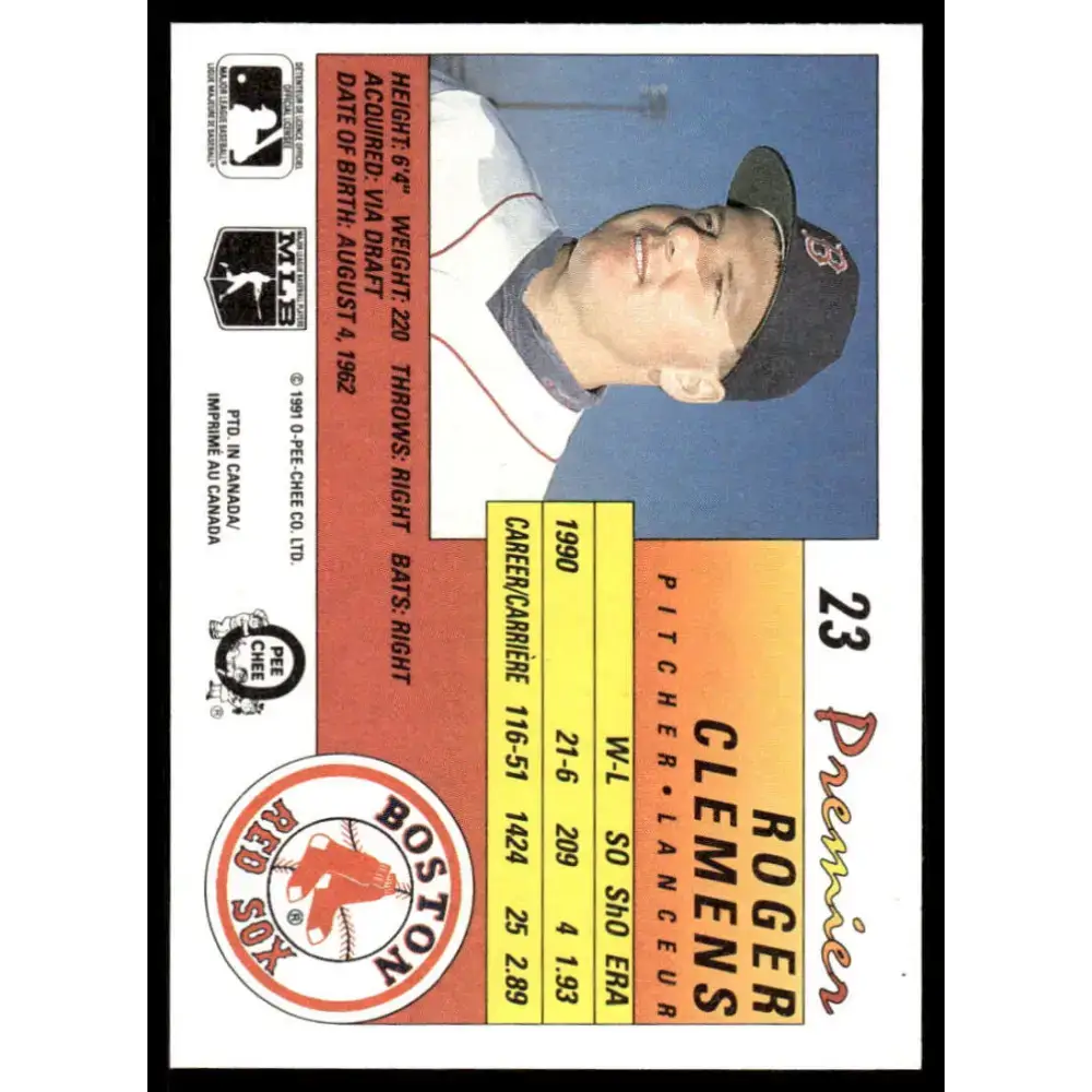 1991 O-Pee-Chee Premier #23 Roger Clemens EX/NM Boston Red Sox Baseball Card - Baseball Card Single