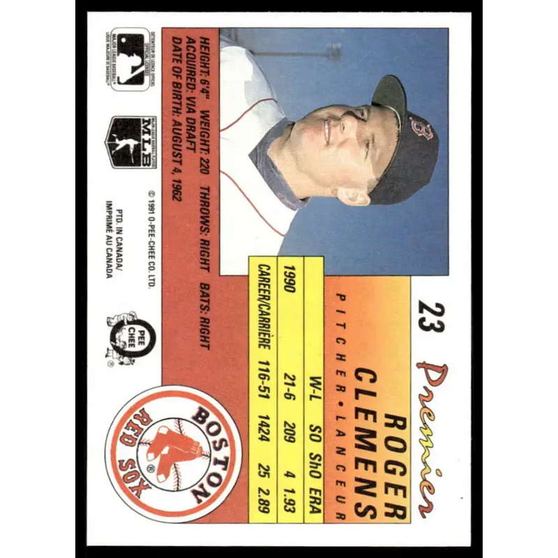 1991 O-Pee-Chee Premier #23 Roger Clemens EX/NM Boston Red Sox Baseball Card - Baseball Card Single
