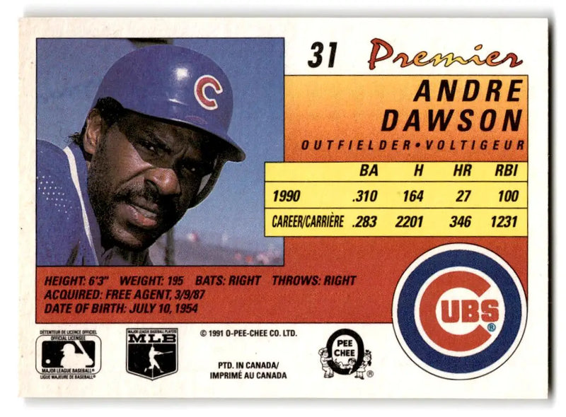 1991 O-Pee-Chee Premier #31 Andre Dawson - Baseball Card Single