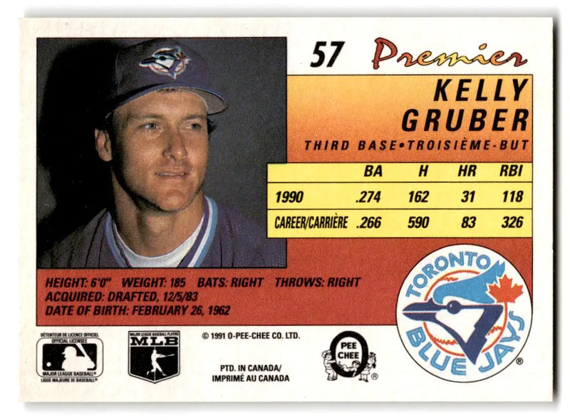 1991 O-Pee-Chee Premier #57 Kelly Gruber - Baseball Card Single