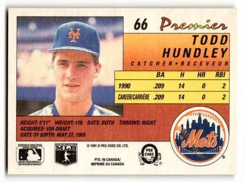 1991 O-Pee-Chee Premier #66 Todd Hundley New York Mets Baseball Card ID:56147 - Baseball Card Single