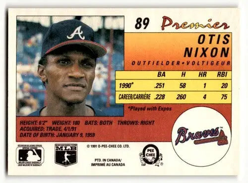 Original gloss Otis Nixon Atlanta Braves baseball card from 1991 O-Pee-Chee Premier