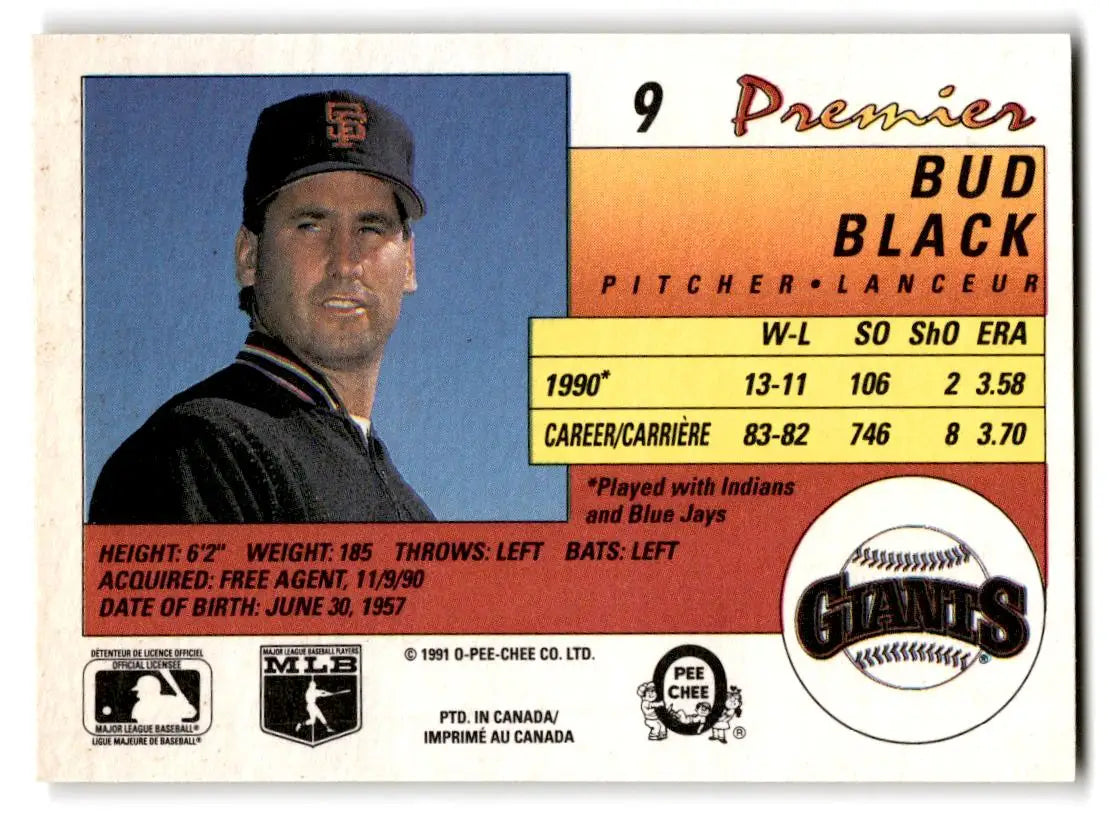 1991 O-Pee-Chee Premier #9 Bud Black - Baseball Card Single