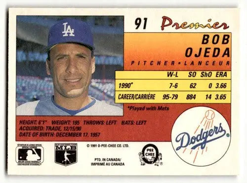 Original gloss Bob Ojeda Los Angeles Dodgers baseball card from 1991 O-Pee-Chee Premier