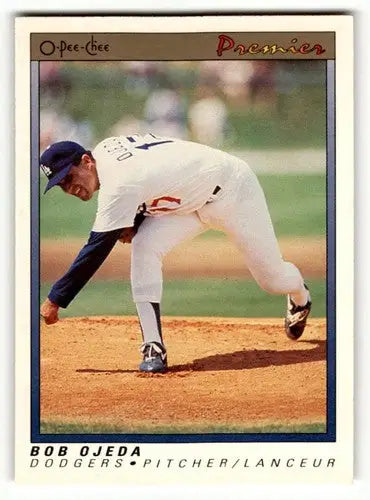 1991 O-Pee-Chee Premier Bob Ojeda baseball card showing original gloss, Bob Ojeda Los Angeles Dodgers