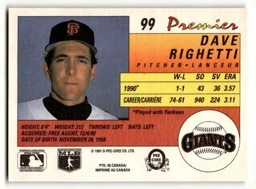 Original gloss 1991 O-Pee-Chee Premier Dave Righetti San Francisco Giants baseball card