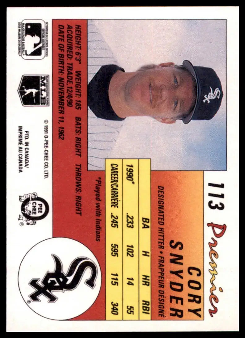 1991 O-Pee-Chee Premier Cory Snyder 113 Chicago White Sox NM - Baseball Card Single