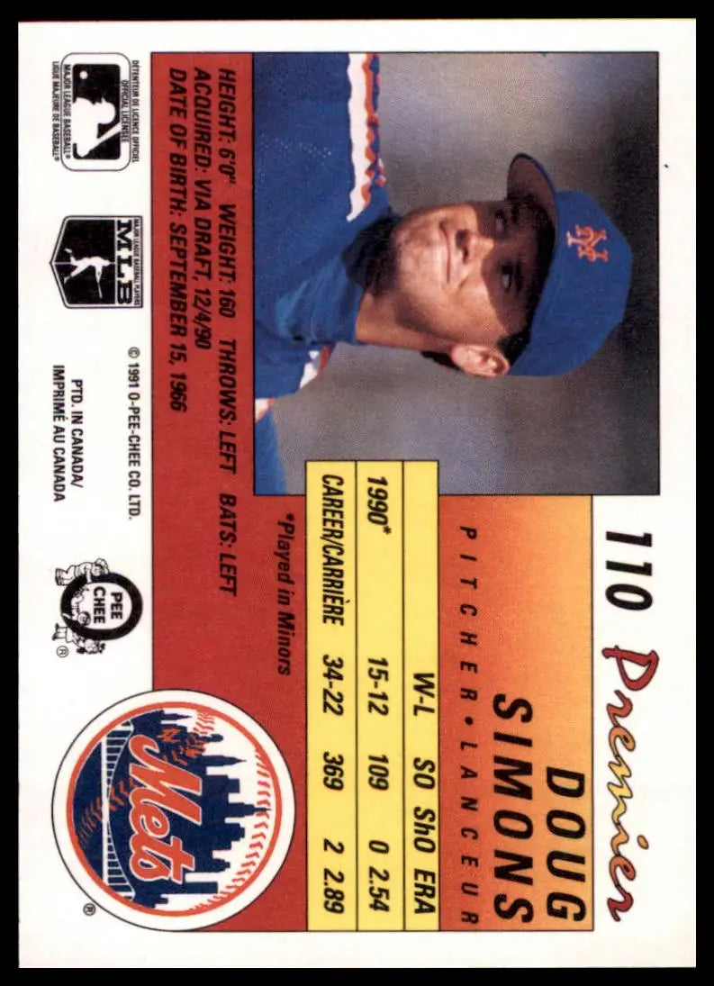 1991 O-Pee-Chee Premier Doug Simons RC 110 New York Mets NM - Baseball Card Single