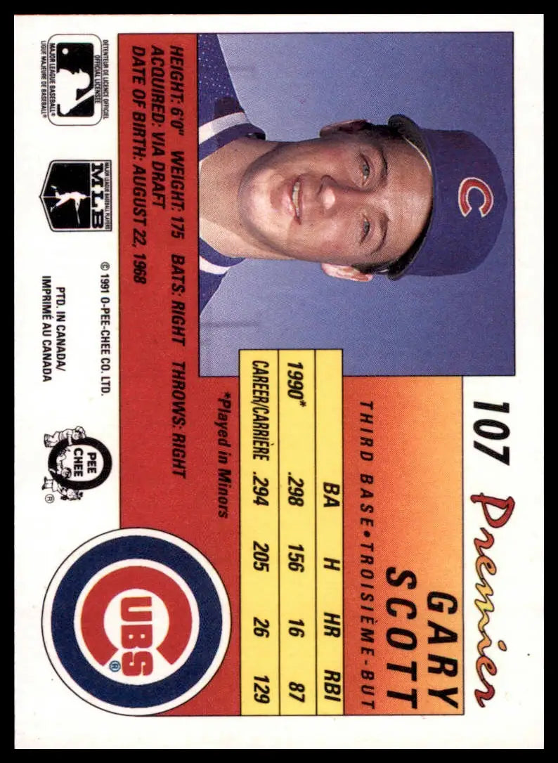 1991 O-Pee-Chee Premier Gary Scott 107 Chicago Cubs NM - Baseball Card Single