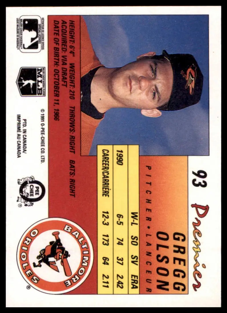 1991 O-Pee-Chee Premier Gregg Olson 93 Baltimore Orioles NM - Baseball Card Single