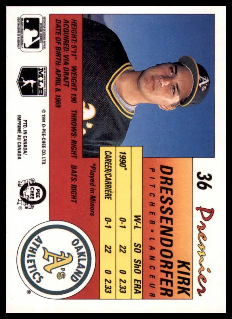 1991 O-Pee-Chee Premier Kirk Dressendorfer RC 36 Oakland Athletics NM - Baseball Card Single