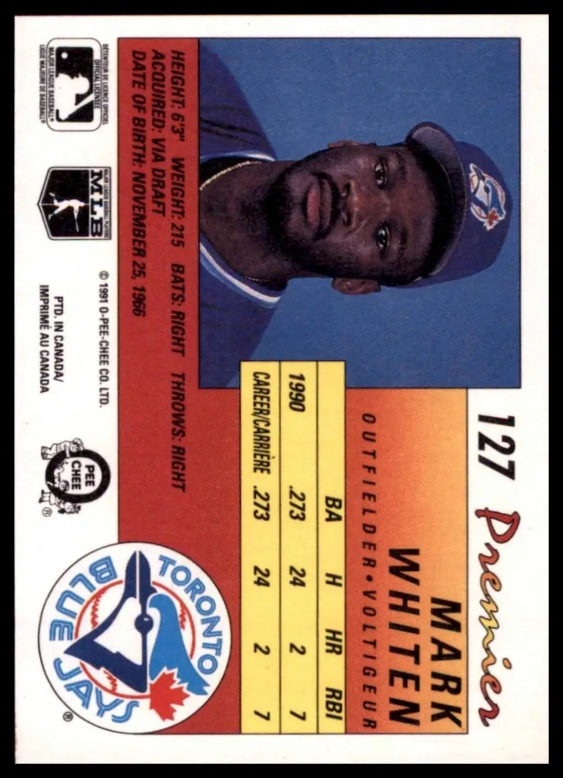 1991 O-Pee-Chee Premier Mark Whiten 127 Toronto Blue Jays NM - Baseball Card Single