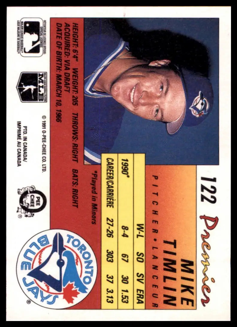 1991 O-Pee-Chee Premier Mike Timlin RC 122 Toronto Blue Jays NM - Baseball Card Single