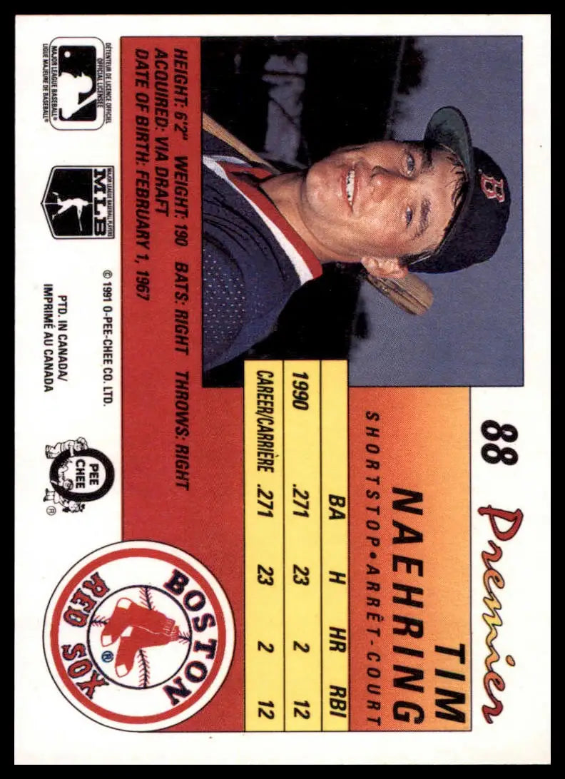 1991 O-Pee-Chee Premier Tim Naehring 88 Boston Red Sox NM - Baseball Card Single
