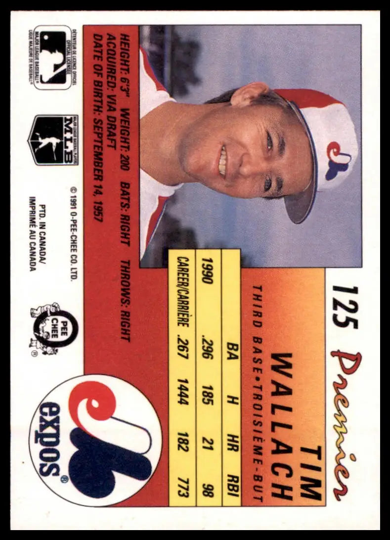 1991 O-Pee-Chee Premier Tim Wallach 125 Montreal Expos NM - Baseball Card Single