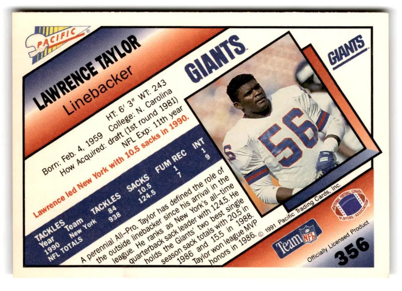 1991 Pacific #356 Lawrence Taylor - Football Card Single