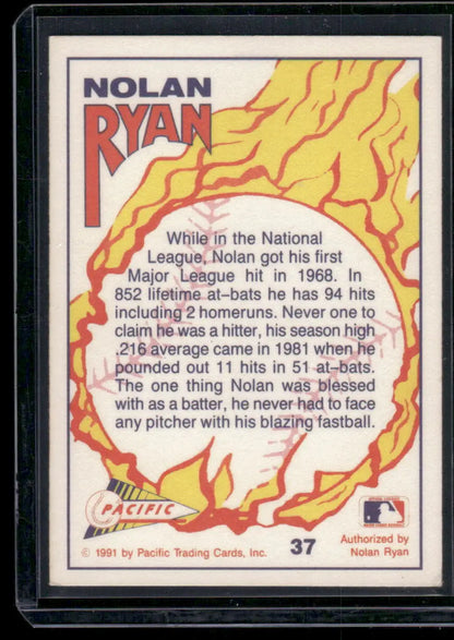 Back of a 1991 Pacific Nolan Ryan #37 baseball card featuring Nolan Ryan memorabilia