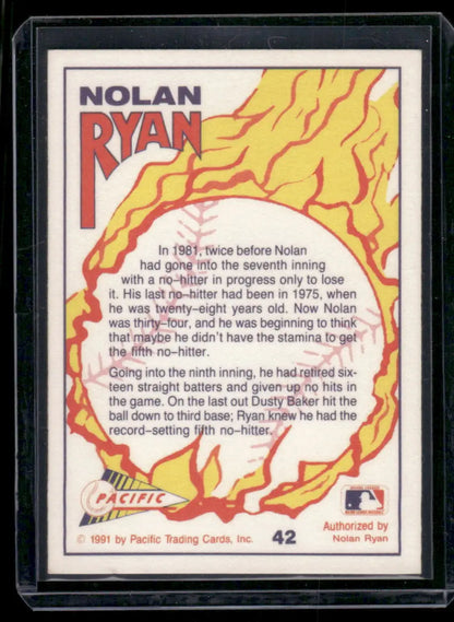Baseball card of Nolan Ryan showcasing his no-hitter achievements from 1991 Pacific Nolan Ryan series
