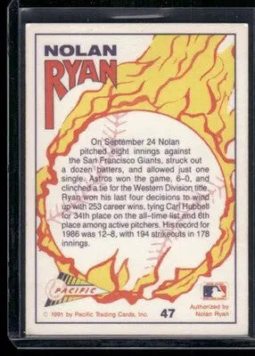Back of a Pacific Nolan Ryan baseball card from the 1991 Pacific Nolan Ryan #47 series