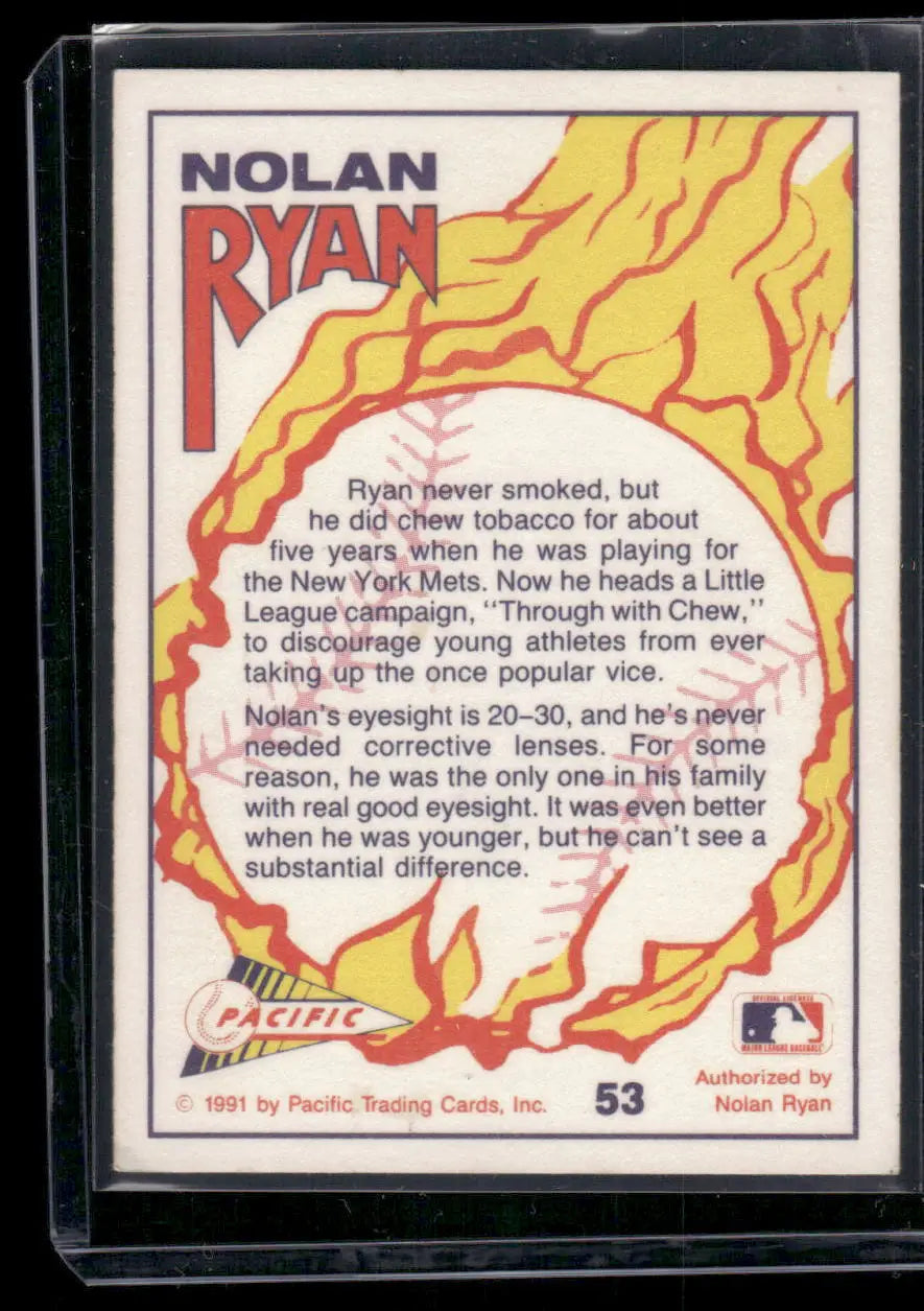 Pacific Nolan Ryan baseball card in protective sleeve from 1991 Pacific Nolan Ryan series