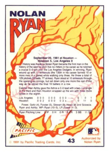 Original gloss Pacific Nolan Ryan baseball card featuring Nolan Ryan Texas Houston Ast