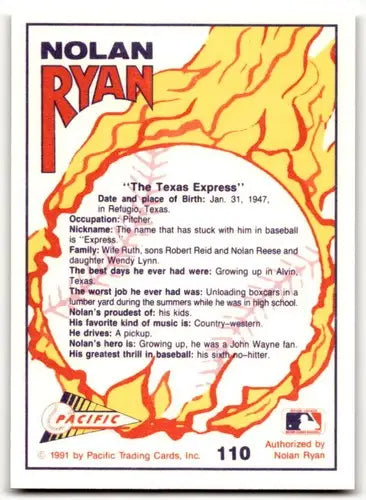 1991 Pacific Ryan Texas Express I #110 Lynn Nolan Ryan NM-MT Rangers ID:42844 - Baseball Card Single