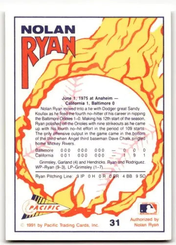1991 Pacific Ryan Texas Express I #31 No-Hitter Number 4 NM-MT Angels ID:42809 - Baseball Card Single