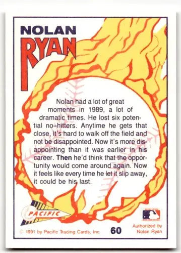 Close-up of Nolan Ryan baseball card from 1991 Pacific Ryan Texas Express series