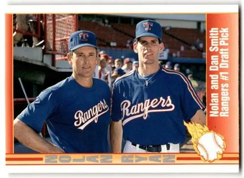 Baseball card featuring Nolan Ryan and Dan Smith from 1991 Pacific Ryan Texas Express series