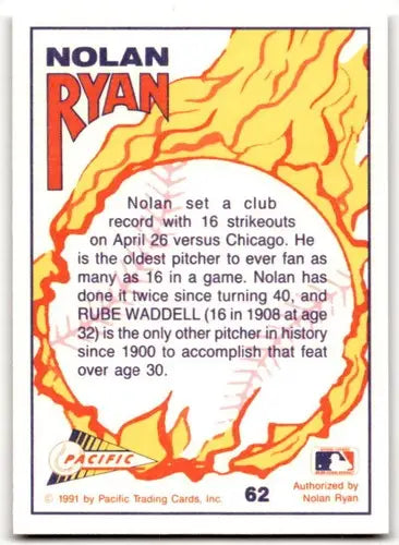 Nolan Ryan baseball card from 1991 Pacific Ryan Texas Express series featuring Strikeouts