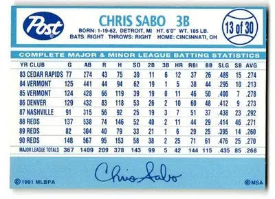 1991 Post Cereal #13 Chris Sabo - Baseball Card Single