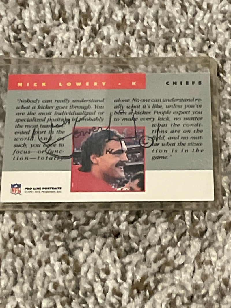 1991 Pro Line Nick Lowery Signed trading card with red and gray design elements