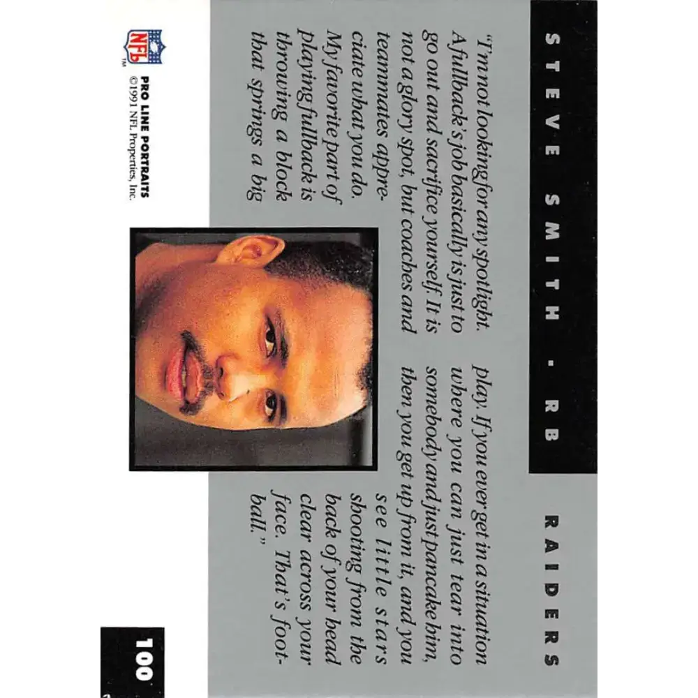 1991 Pro Line Portraits #100 Steve Smith EX-NM Los Angeles Raiders Football Card - Football Card Single