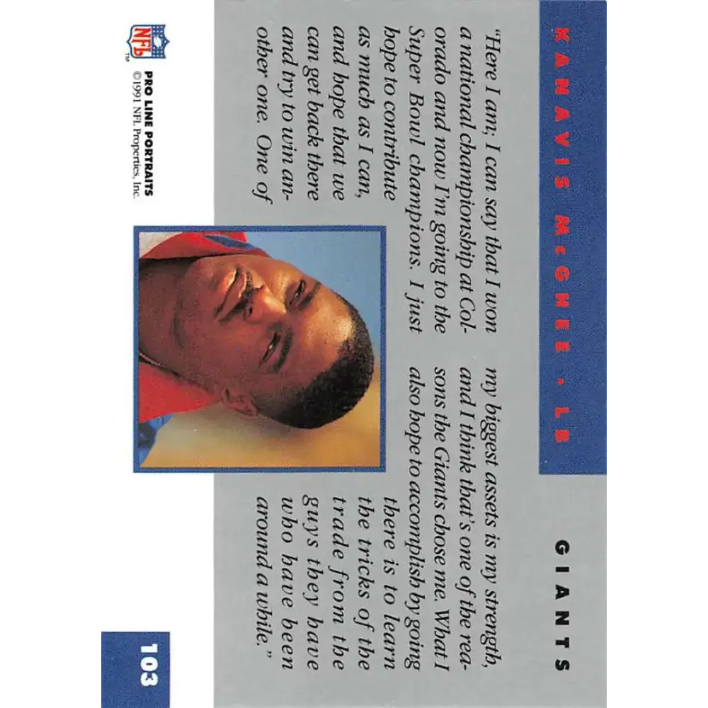1991 Pro Line Portraits #103 Kanavis McGhee EX-NM RC Rookie New York Giants Football Card - Football Card Single