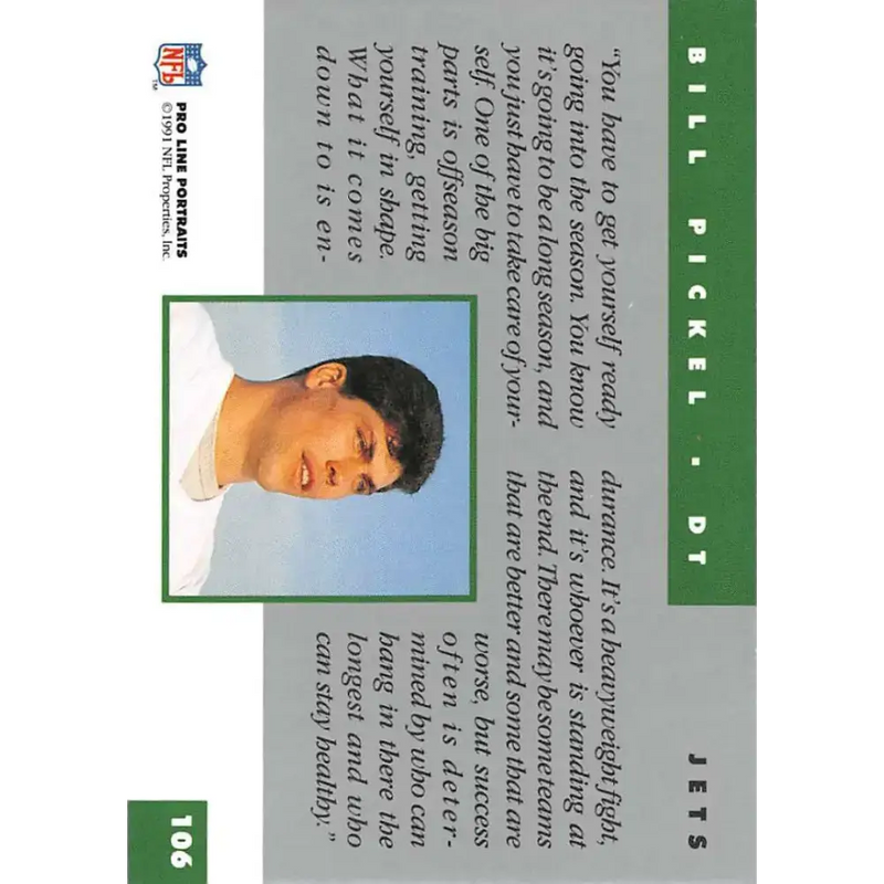1991 Pro Line Portraits #106 Bill Pickel EX-NM New York Jets Football Card - Football Card Single
