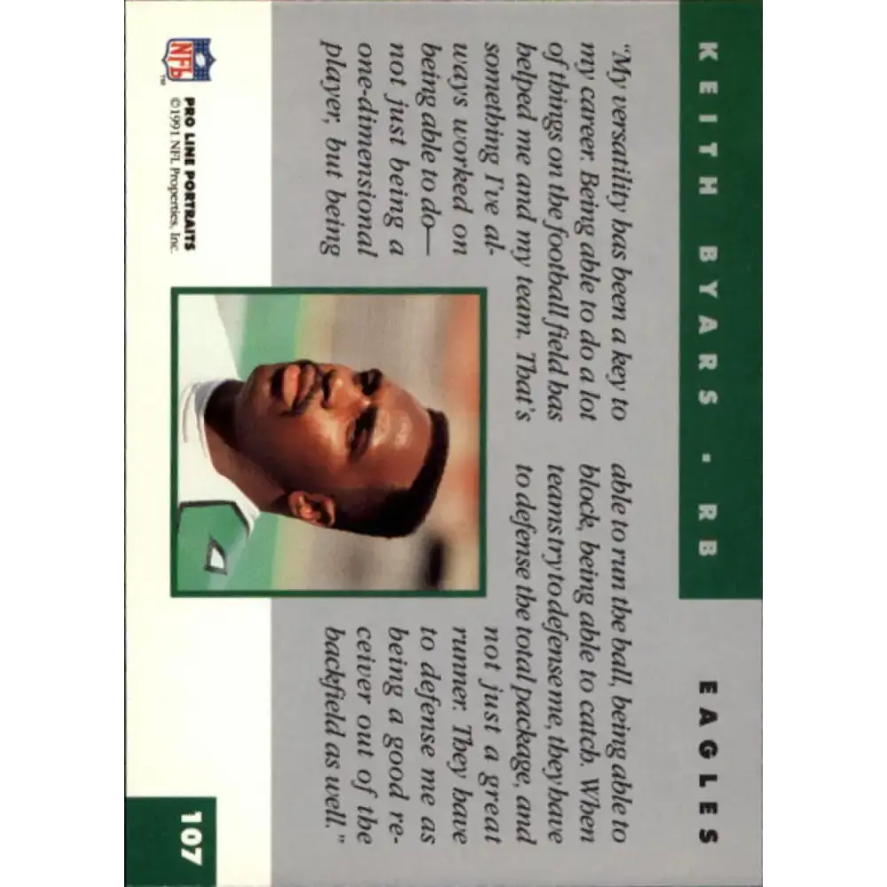 1991 Pro Line Portraits #107 Keith Byars EX-NM Philadelphia Eagles Football Card - Football Card Single