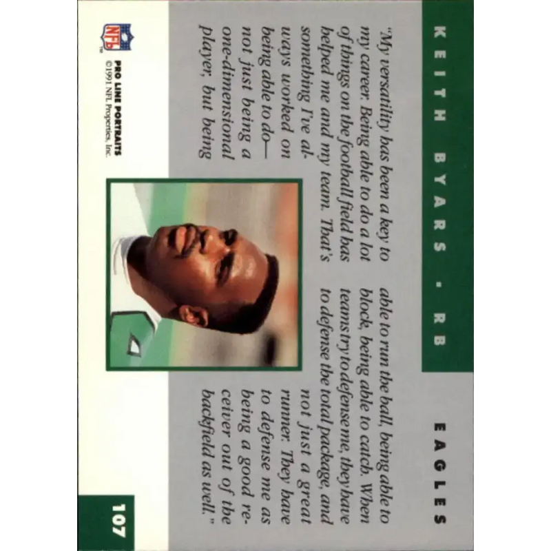 1991 Pro Line Portraits #107 Keith Byars EX-NM Philadelphia Eagles Football Card - Football Card Single