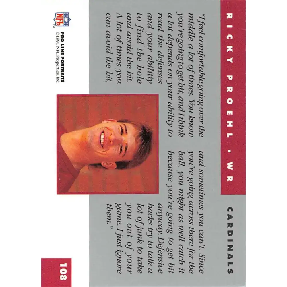 1991 Pro Line Portraits #108 Ricky Proehl EX-NM Phoenix Cardinals Football Card - Football Card Single