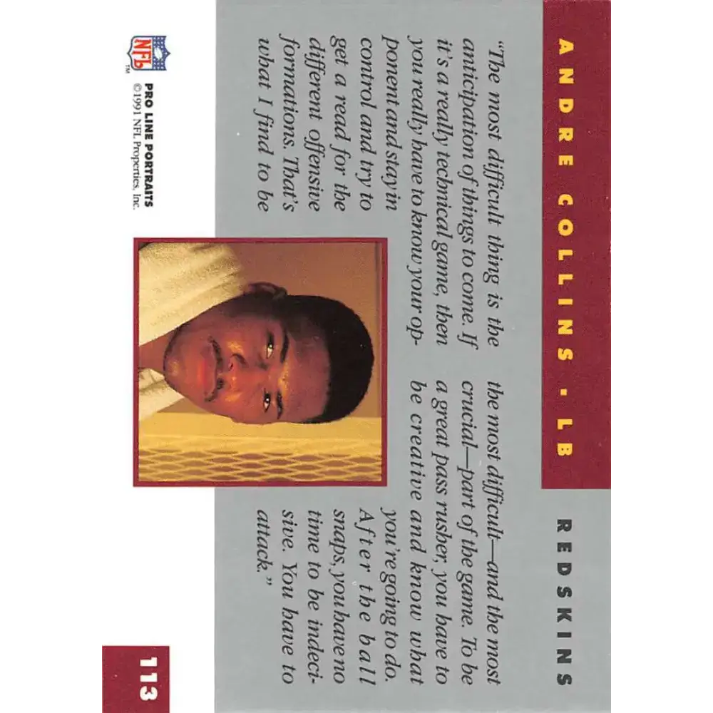 1991 Pro Line Portraits #113 Andre Collins EX-NM Washington Redskins Football Card - Football Card Single